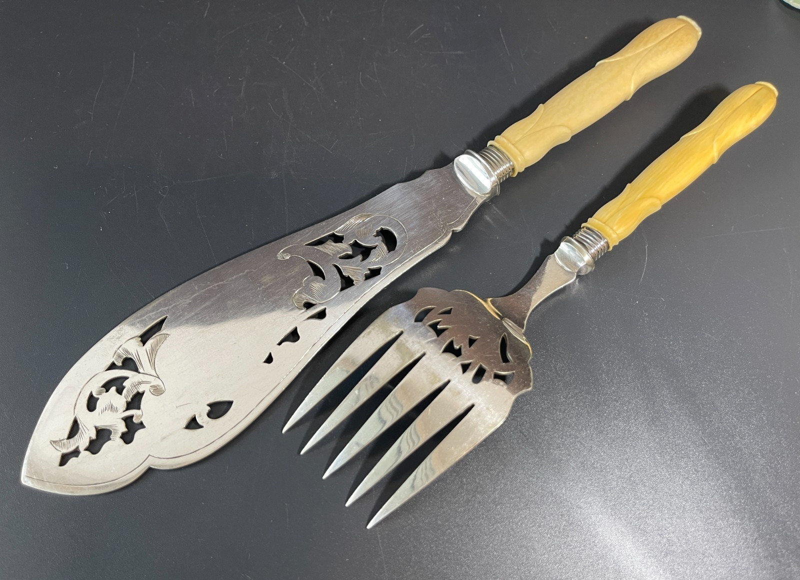 Antique Victorian Silver Plate Serving Fish Knife & Fork Set