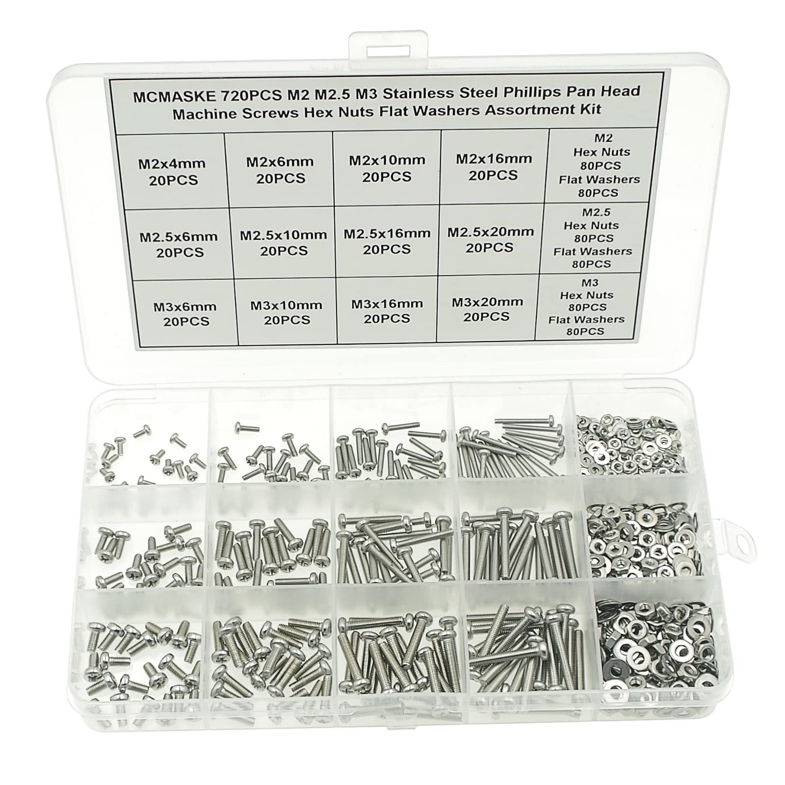 720PCS M2 M2.5 M3 Stainless Steel Phillips Pan Head Machine Screws Nuts Flat ...