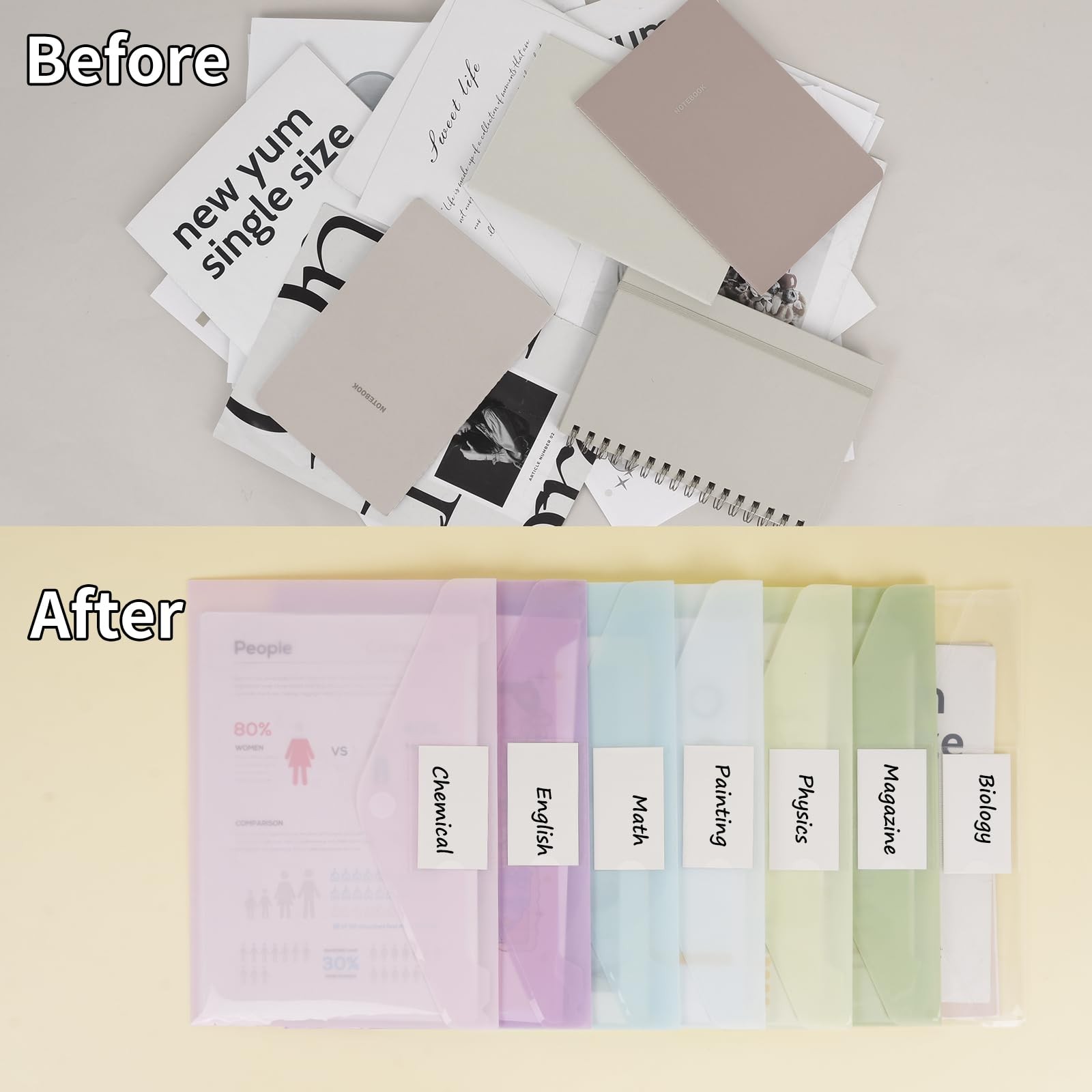 7pcs Plastic Envelopes, Plastic File Folders for Documents, Hook & Loop Closu...