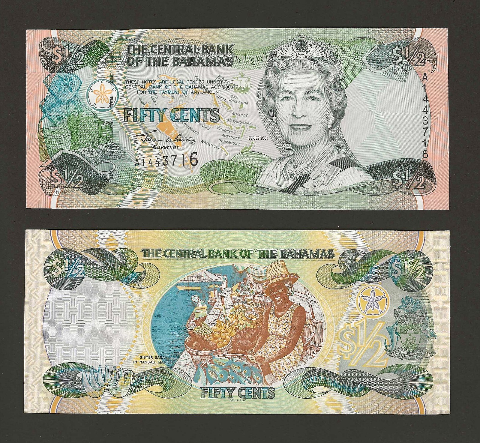 BAHAMAS $1/2 Dollar 50 Cents 2001, P-68, Old Series, QEII Note, Original UNC