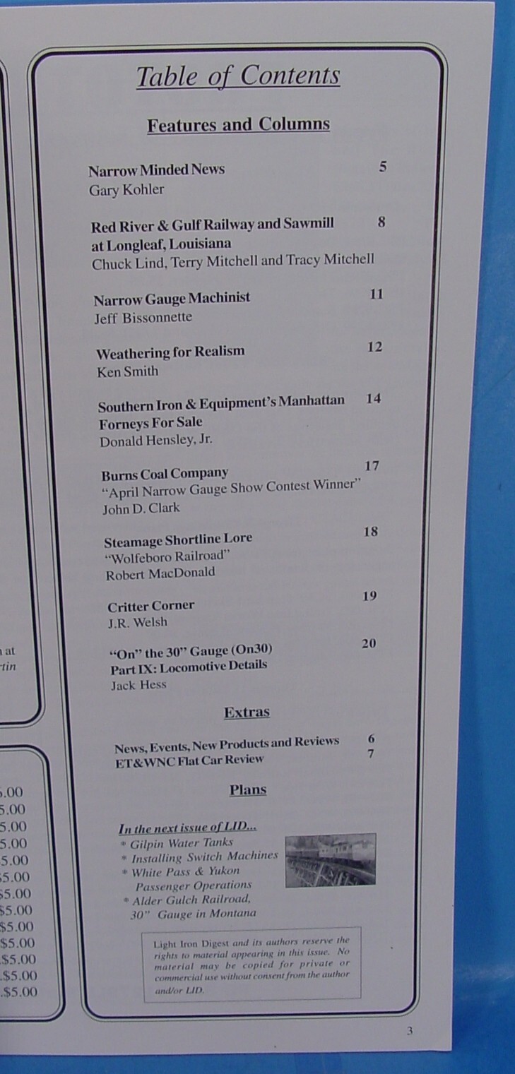 LIGHT IRON DIGEST MAGAZINE VOLUME 3 NUMBER 4 AUGUST/SEPTEMBER 2001 TOC PICTURED
