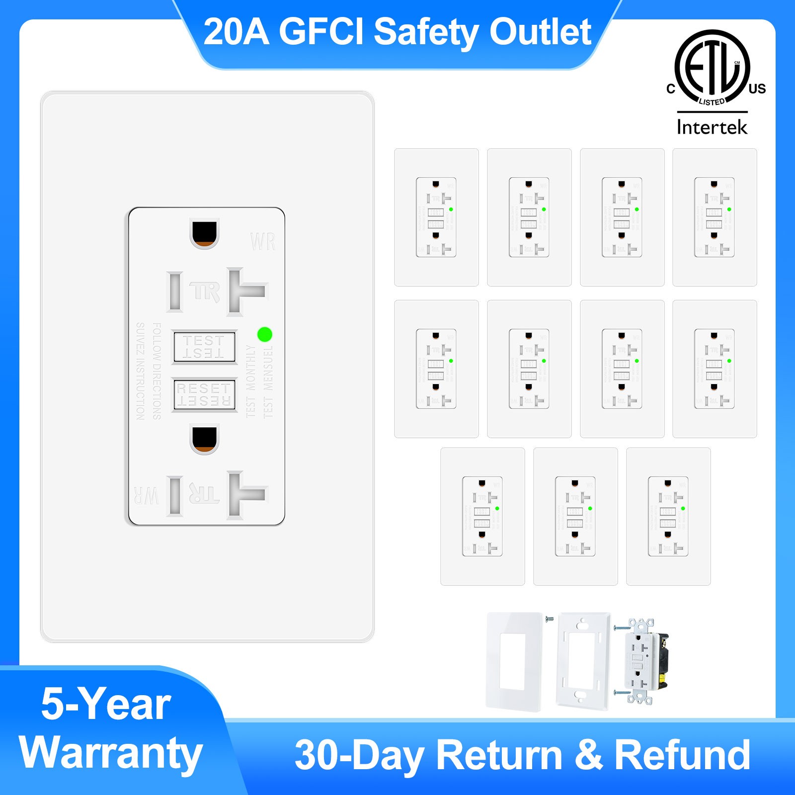 GFI Outlet 20 Amp WR TR GFCI Receptacles with Plate for Outdoor Bathroom 12Packs