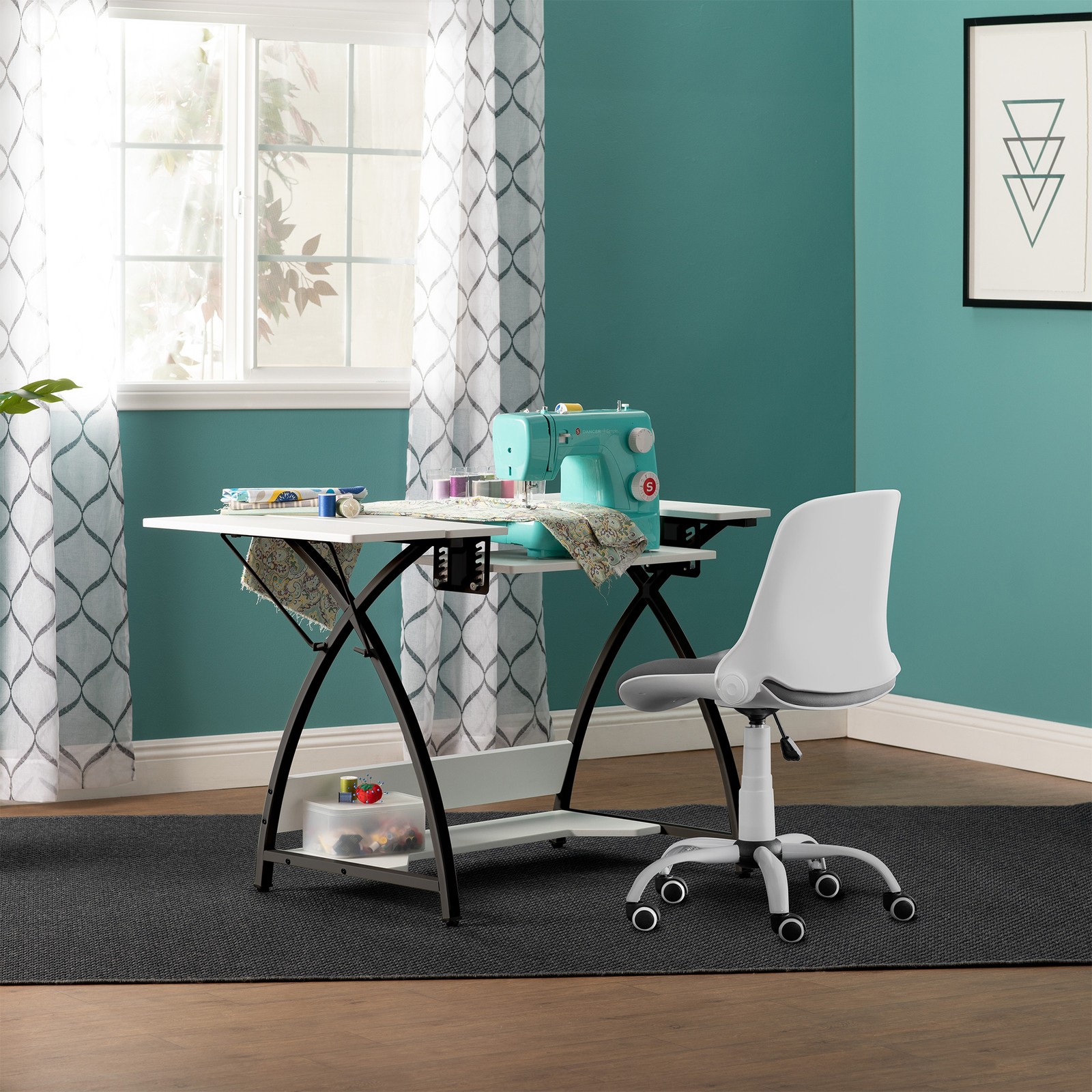 Sew Ready Comet Plus Hobby and Sewing Table with Side & Lower Shelf, Black/White