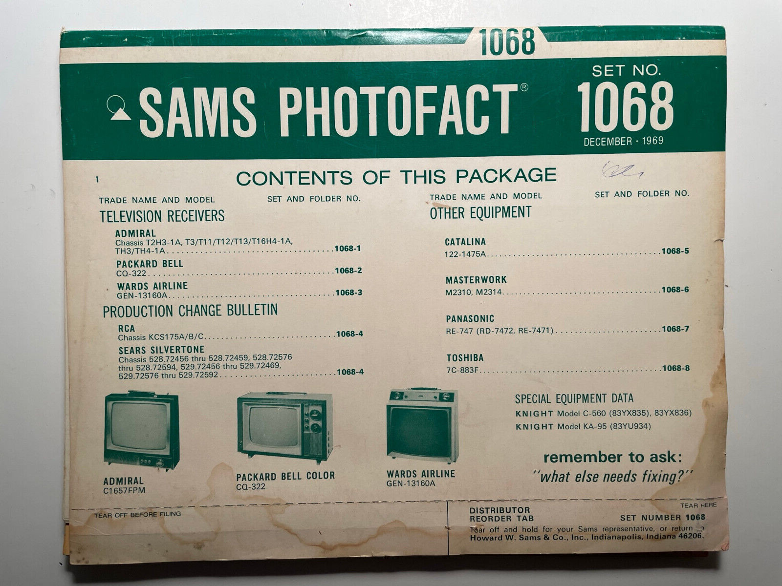 SAMS PHOTOFACT FOLDER SET NO. 1068 DECEMBER 1969 MANUAL SCHEMATICS