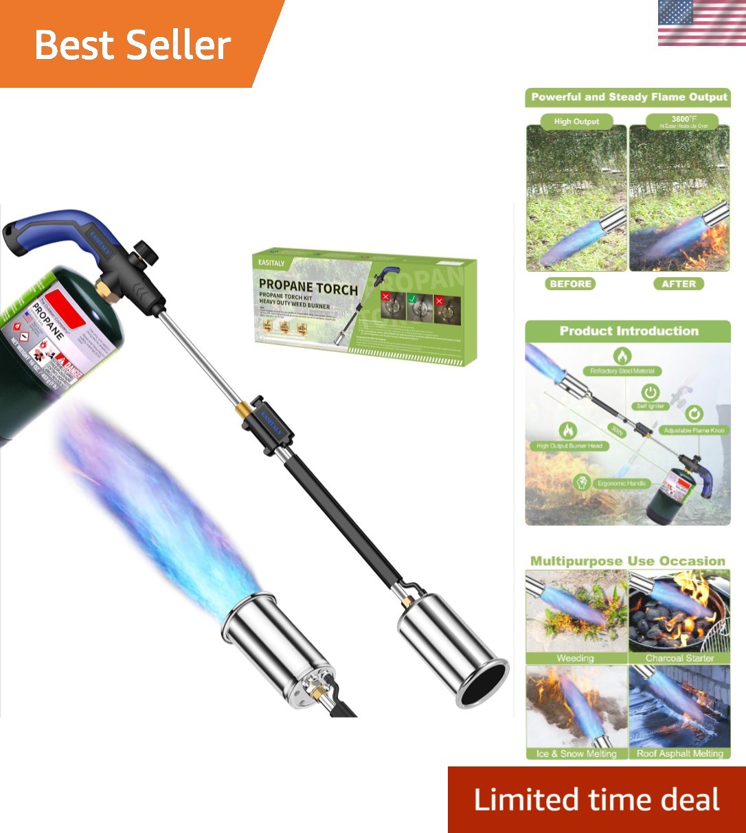 Heavy Duty Propane Weed Burner Torch with Self-Igniting Flame and Rubber Grip