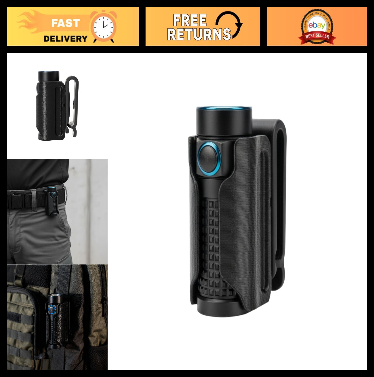 Belt Clip Flashlight Holder for Olight Baton 4, 3, S1RII, Baton 2 - Fits 1.5" Be