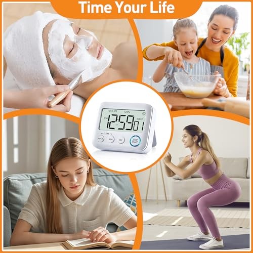 Digital Kitchen Timer Alarm Clock for Cooking, Large LCD Display Multi White