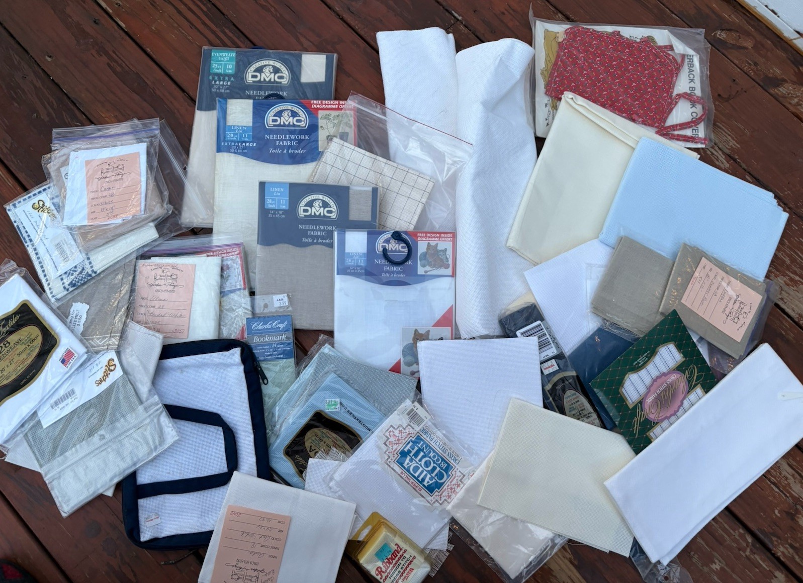 Cross Stitch Fabric Lot of Over 30 Pieces Many Sizes, Counts, Brands Types