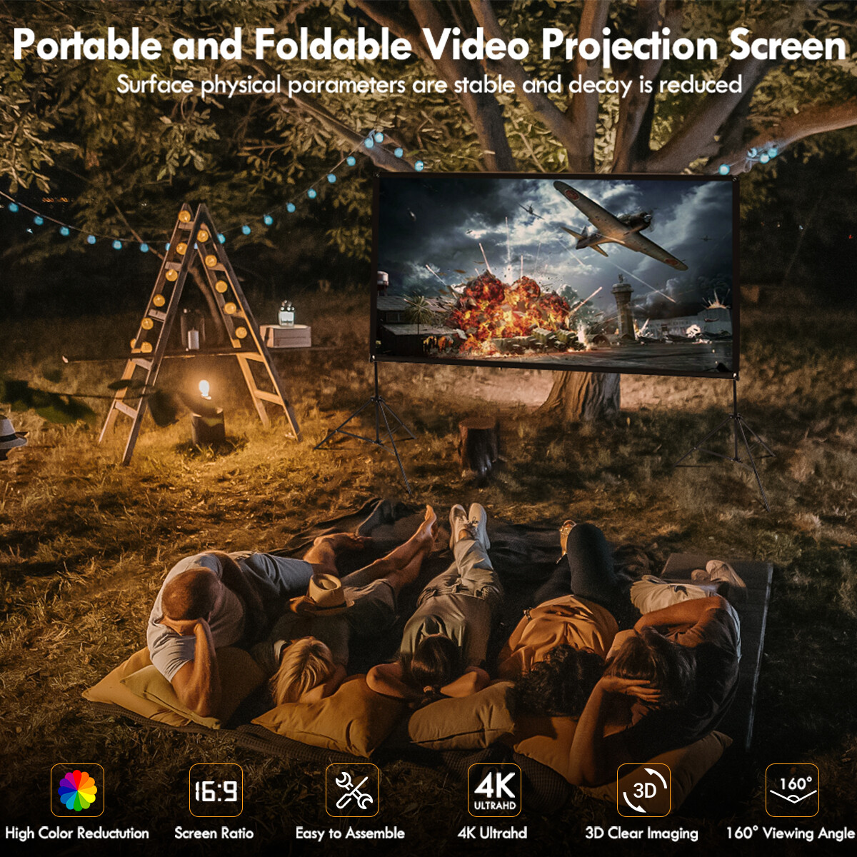 Outdoor Projector Screen with Stand 120 inch Foldable Projector Screen