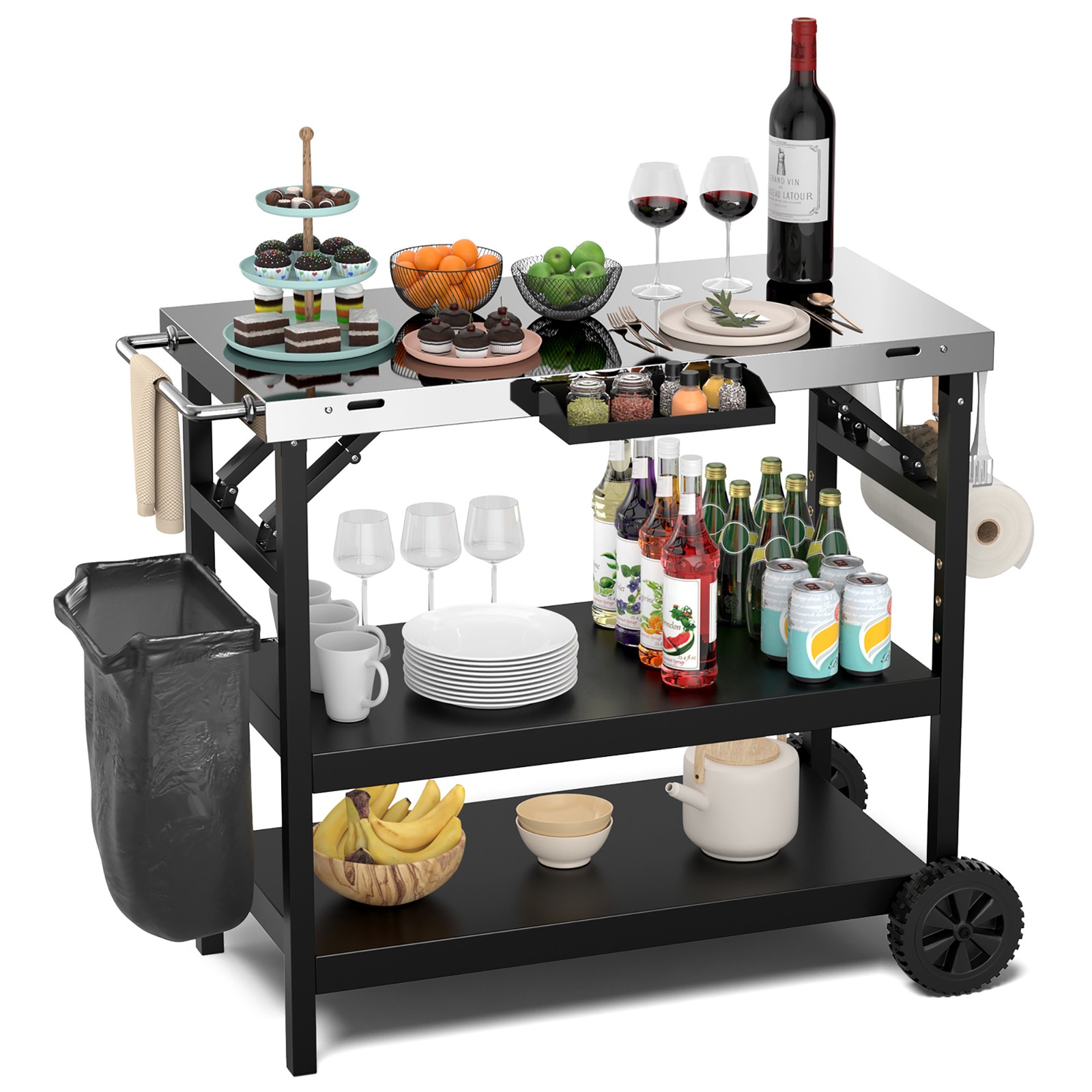 3-Shelf Movable Grill Cart Table Home & Outdoor Multifunctional Stainless Steel