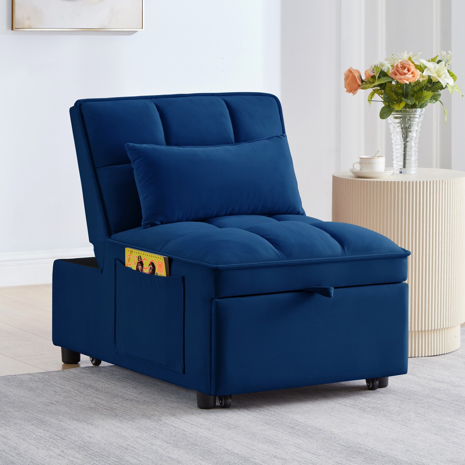 4 in1 Multi-Function Single Sofa Bed with Storage Pockets,Tufted Single Pull-
