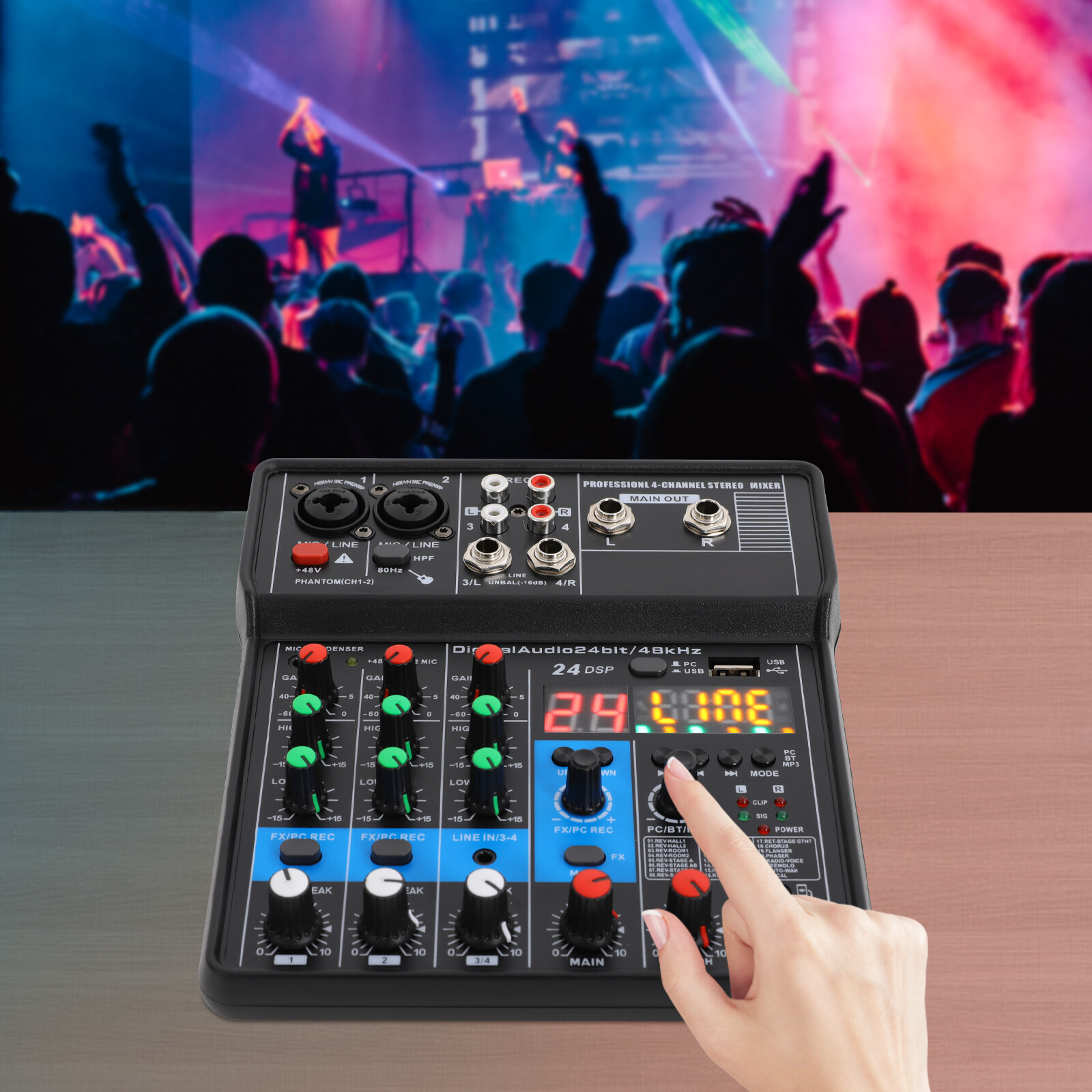4-Channel Professional Audio Mixer W/ Bluetooth, USB & DSP Effects 24-bit/48KHz