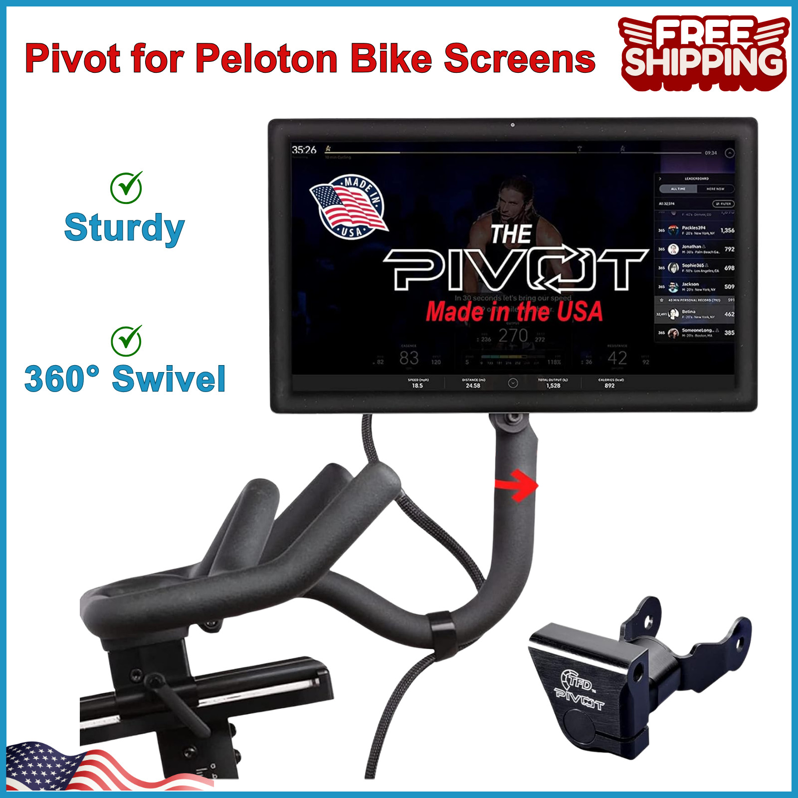 The Pivot for Peloton Bike Screens,Made in USA - 360 Degree of Movement Adjuster