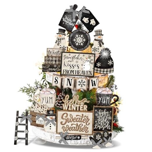 23 Pcs Winter Tiered Tray Decorman Farmhouse Decor Christmas Black, White Snow