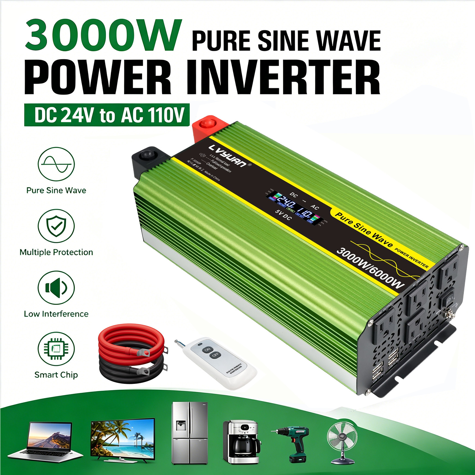 3000W Pure Sine Wave Power Inverter DC 24V to AC 110V with LCD & Remote Control