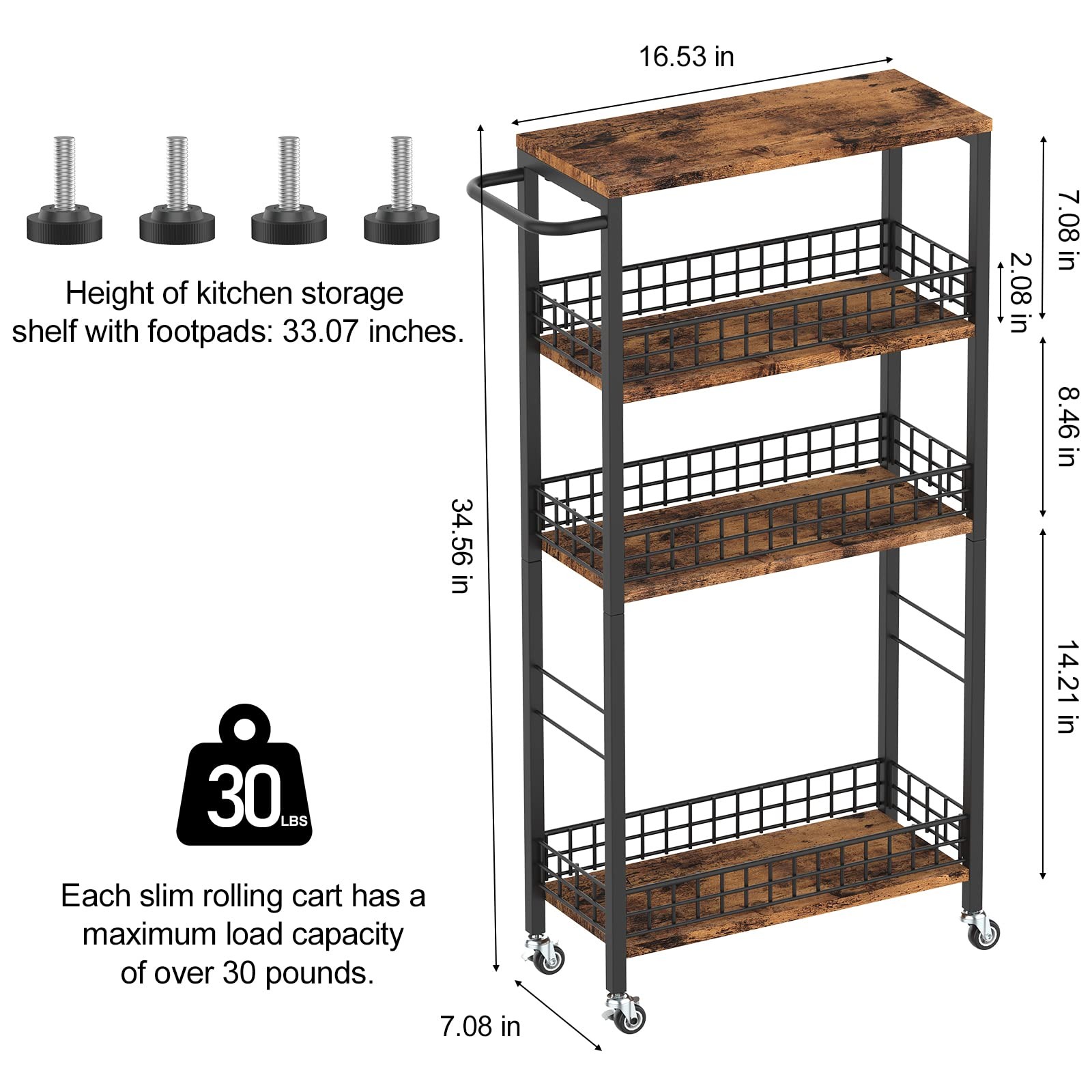 4 Tier Rolling Kitchen Storage Cart w/Wheels Wood Tabletop Handle Brown