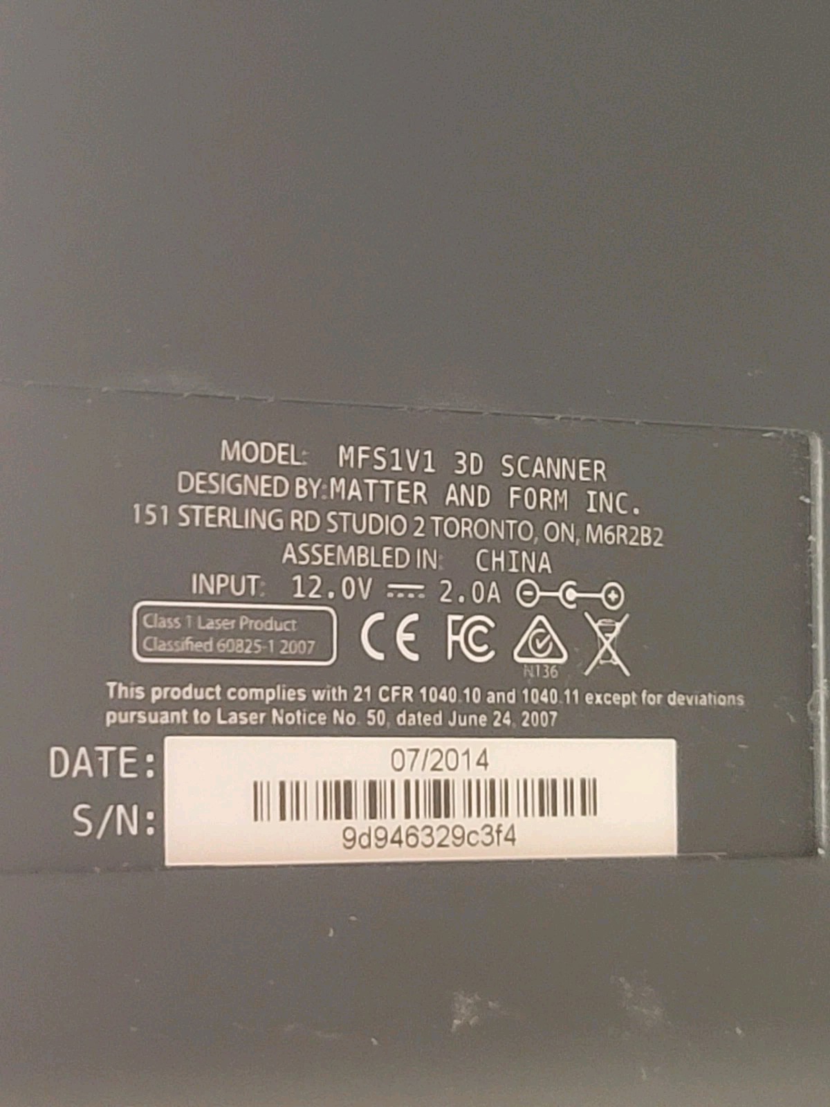 Matter and Form V1 Model MFS1V1 3D Scanner