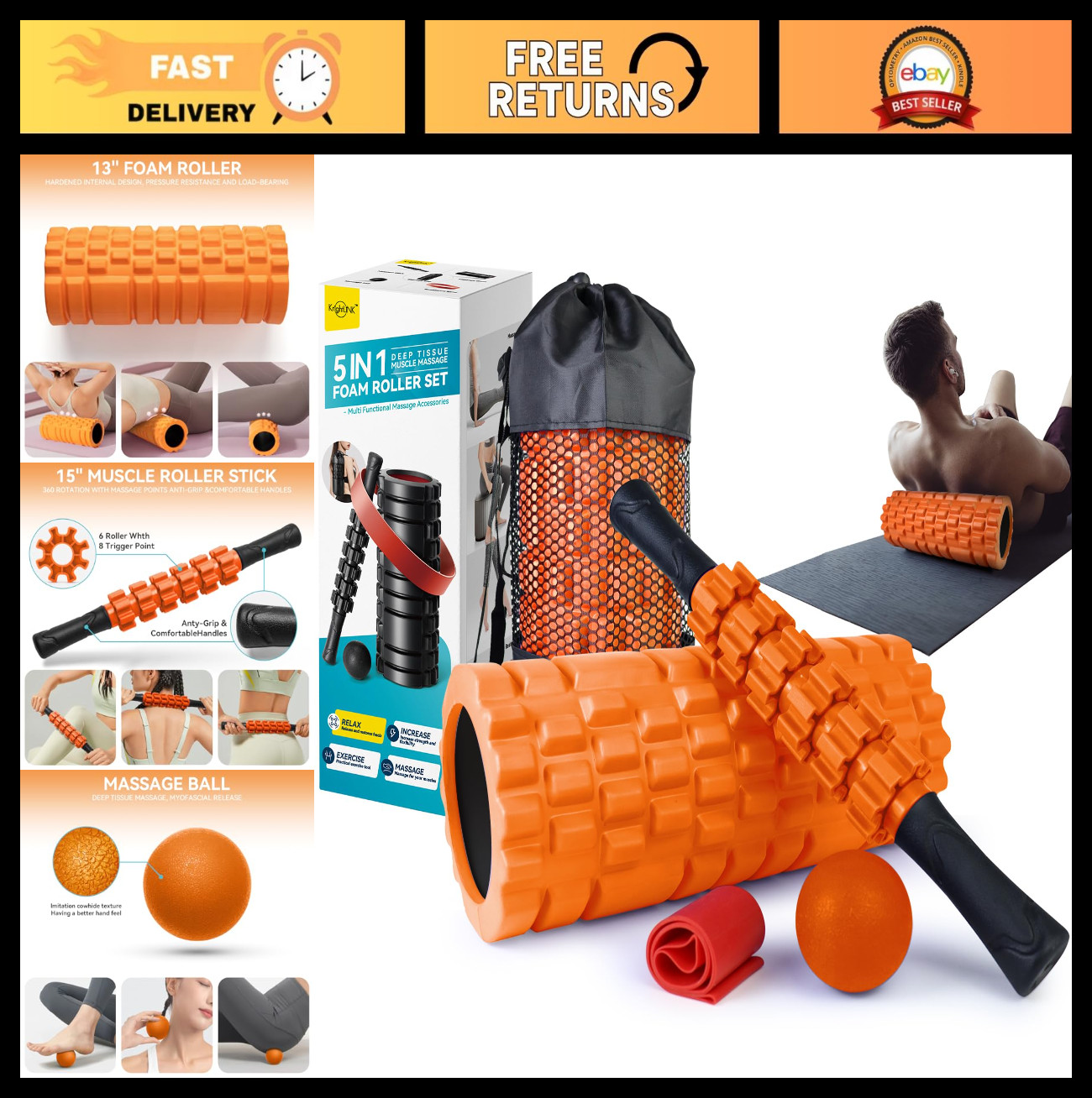 5-in-1 Foam Roller Set for Deep Tissue Massage, Trigger Point Fitness, Stretchin