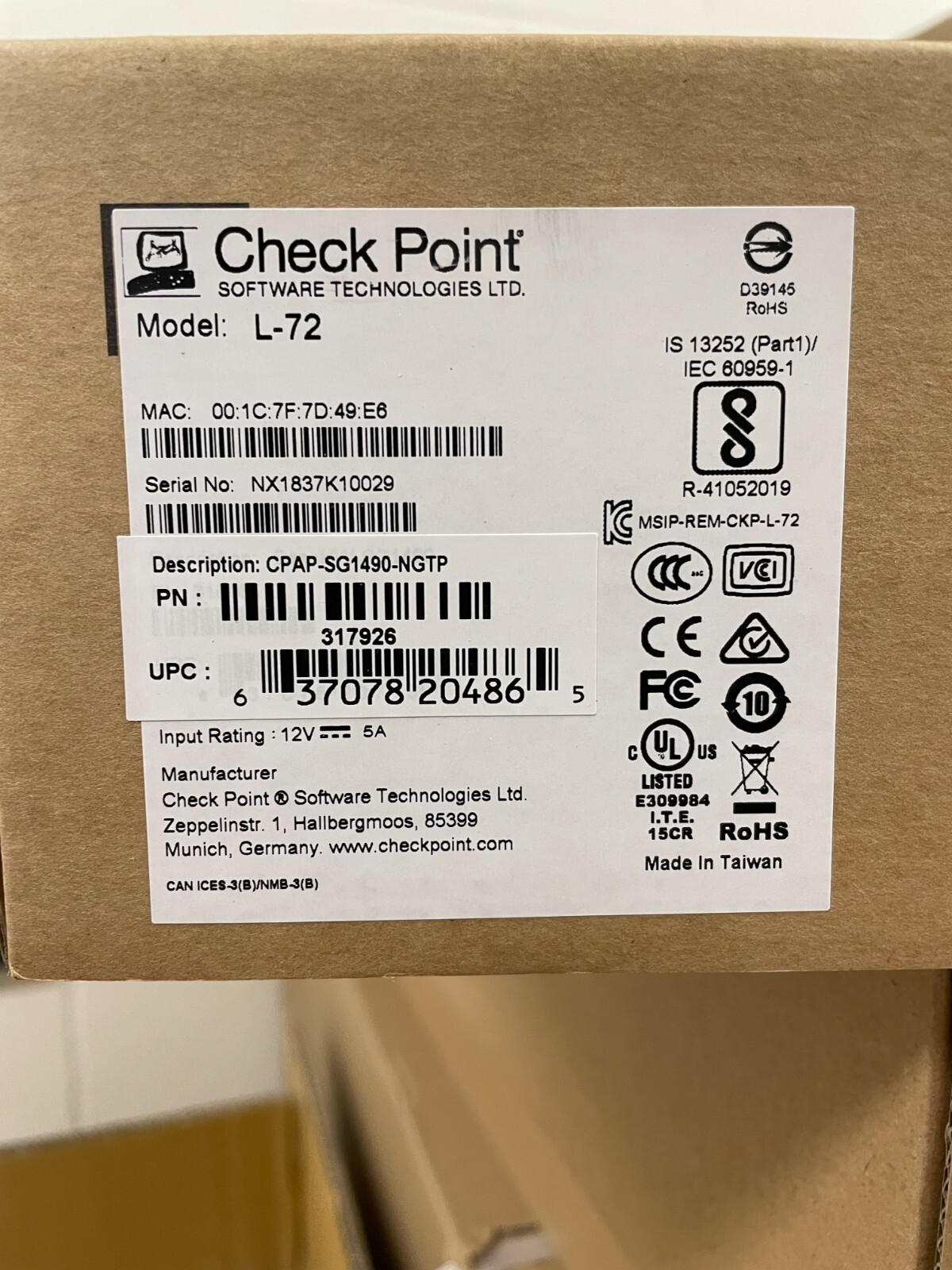 Check Point L-72 Firewall & Security Appliance CPAP-SG1490-NGTP