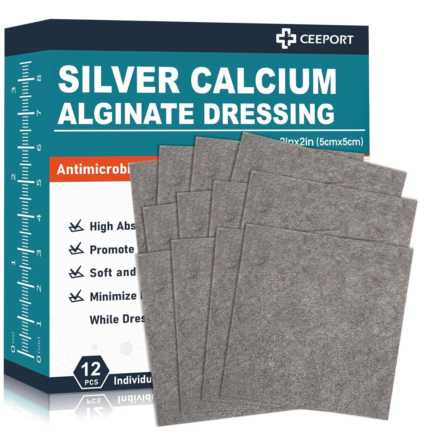 2 "x 2" Ag Silver Calcium Alginate Wound Dressing Pads, 12 Count (Pack of 1)