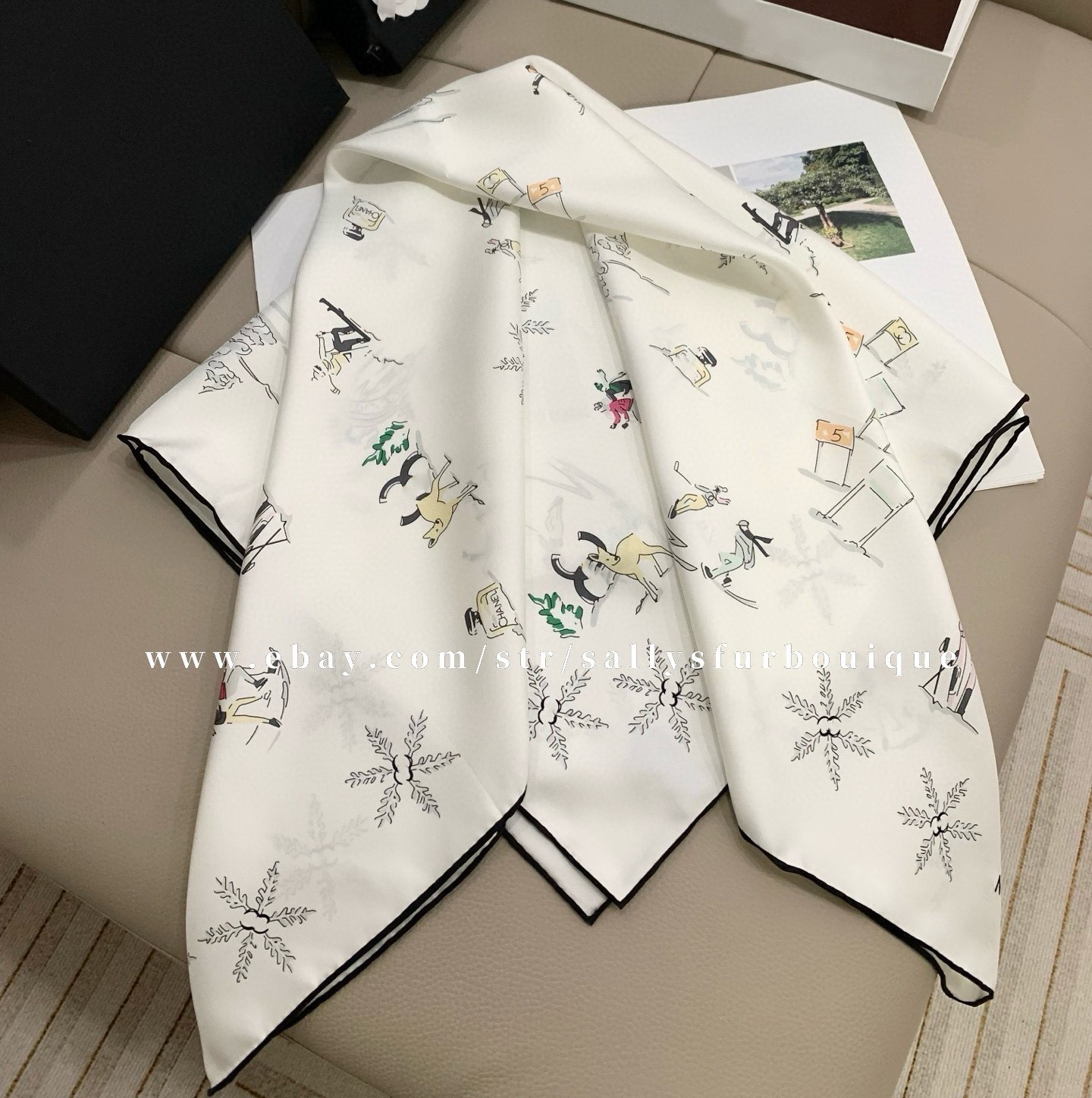 Sallys Boutique 18 Momme Twill Silk Wrap Scarf Ski Print Double Face Shawl 35"