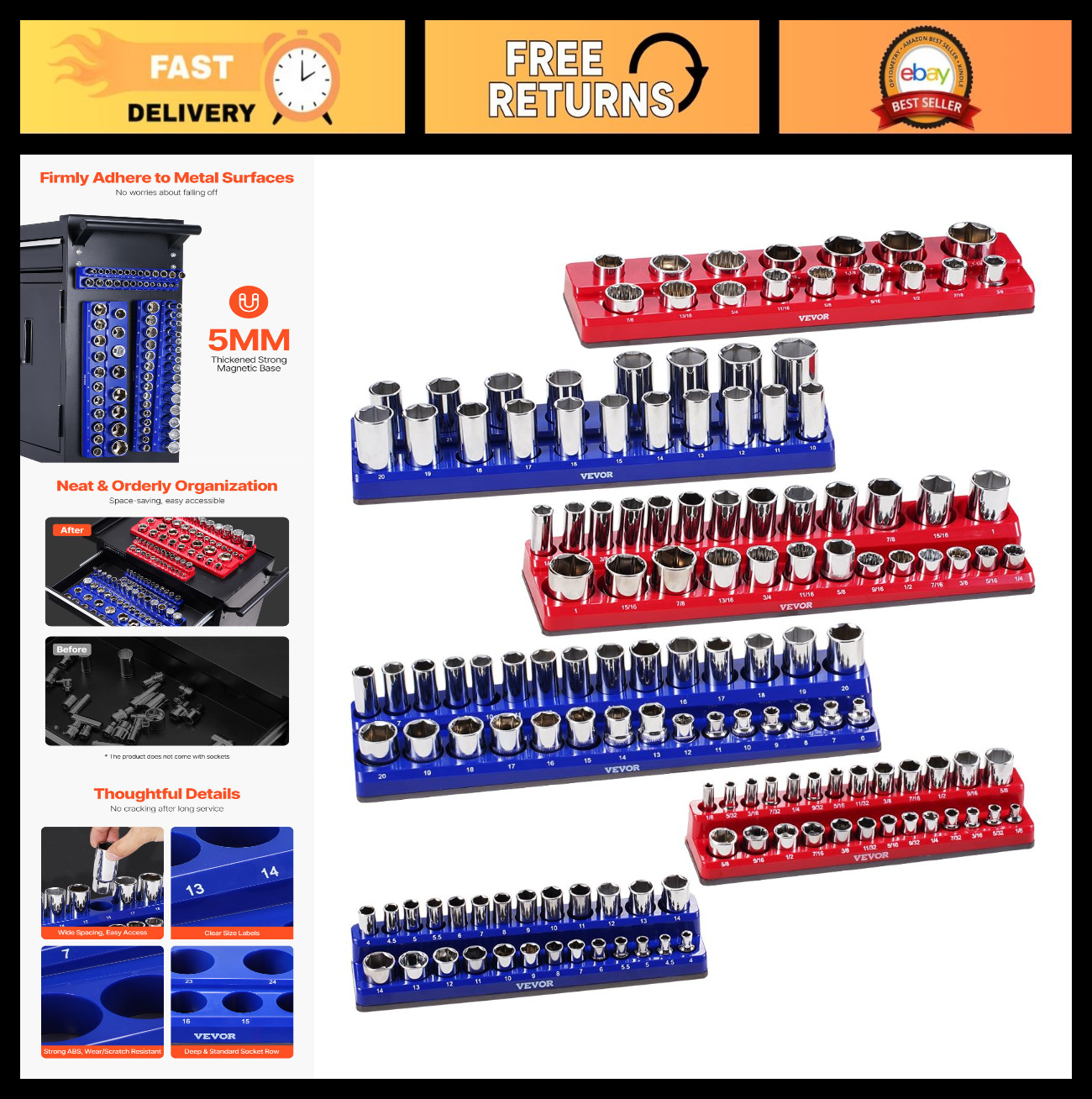Magnetic Socket Organizer Set - 6PCS Holder for 1/4'', 3/8'', 1/2'' Sockets, Cle