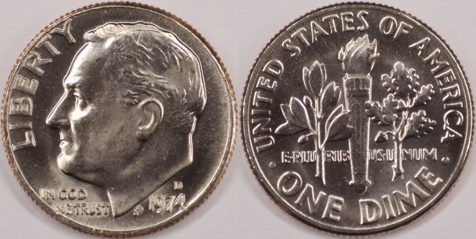 United States 1974 D 10 Cents Roosevelt Dime KM#195a Clad Torch Olive Oak Branch