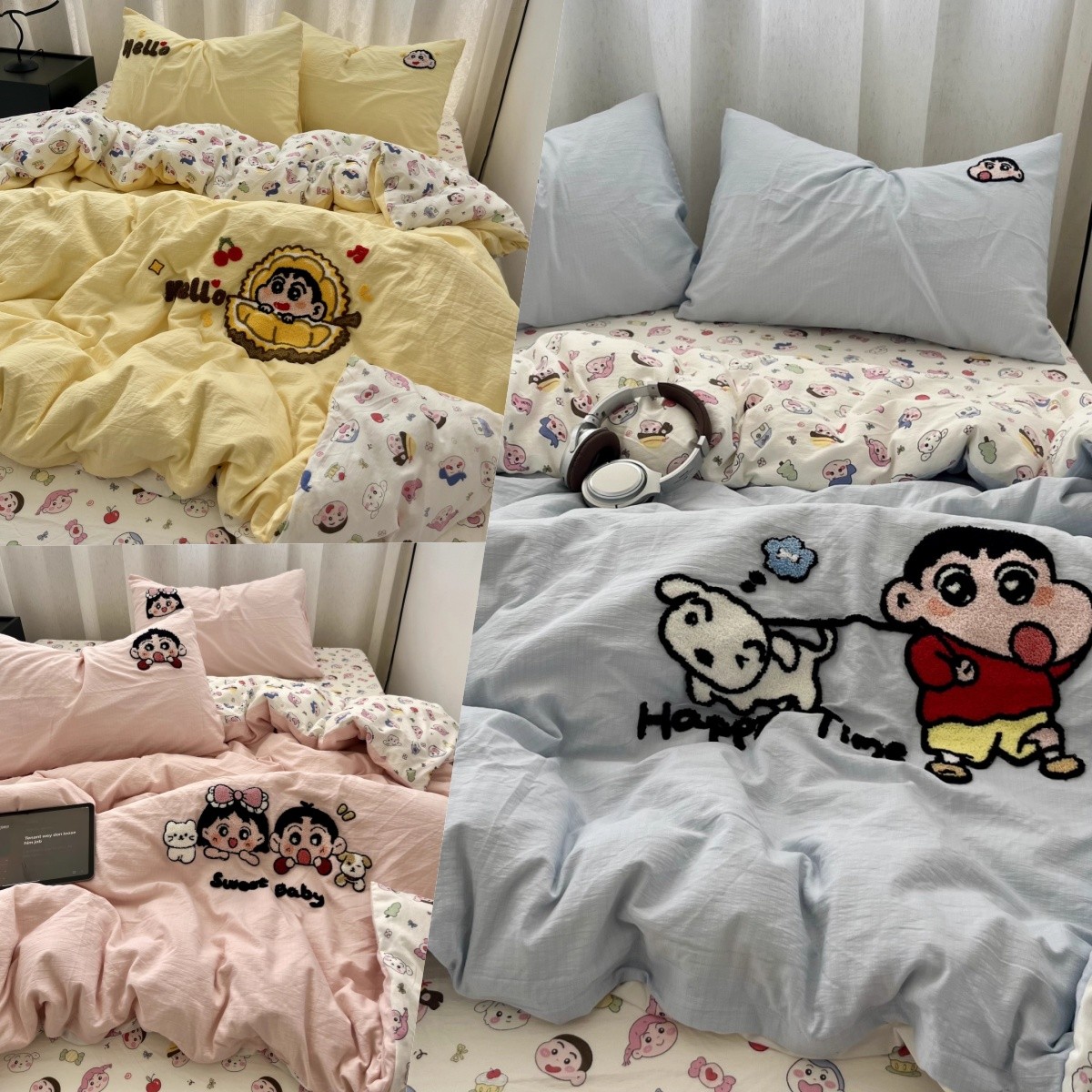 Crayon Shin-chan Cartoon Bed Sheet Duvet Cover Pure Cotton Pillowcase 4PCS Gifts