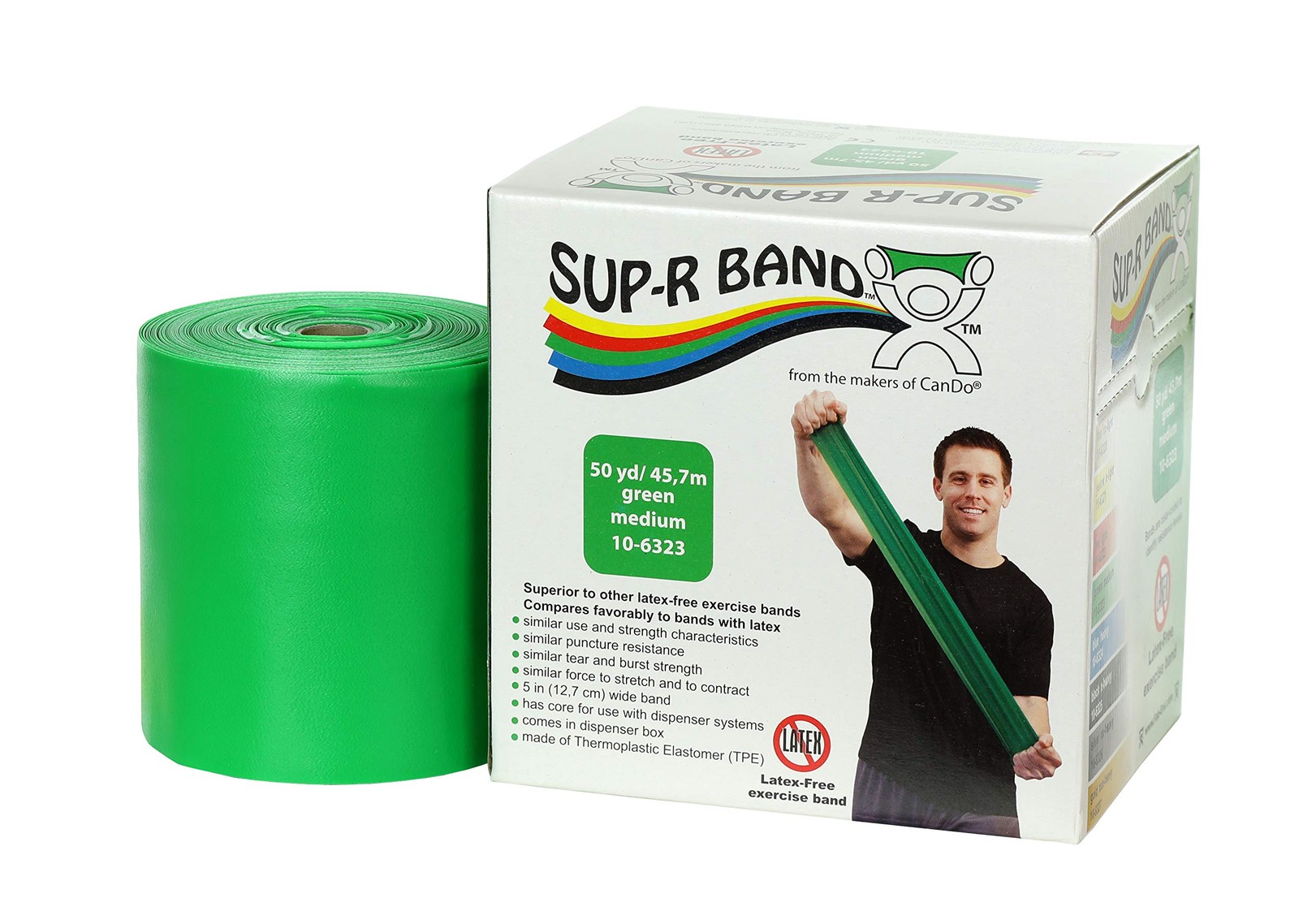 10-6323 Sup-R Latex Free Exercise Band, 50yds Length, Green-Medium