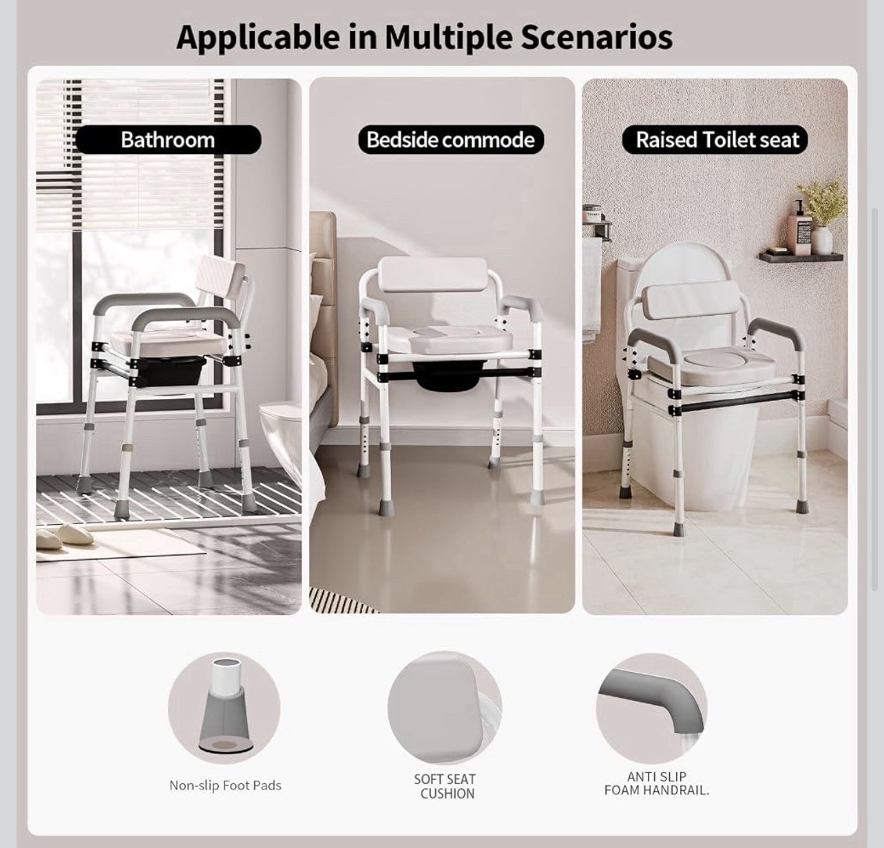 Adjustable Medical Bedside Commode Chair with Padded Backrest, Drop Arm Support