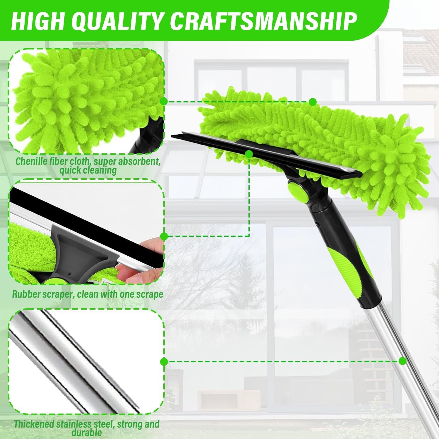 10-Section Telescopic Window Cleaner Pole with 2 Microfiber Pads & Squeegee