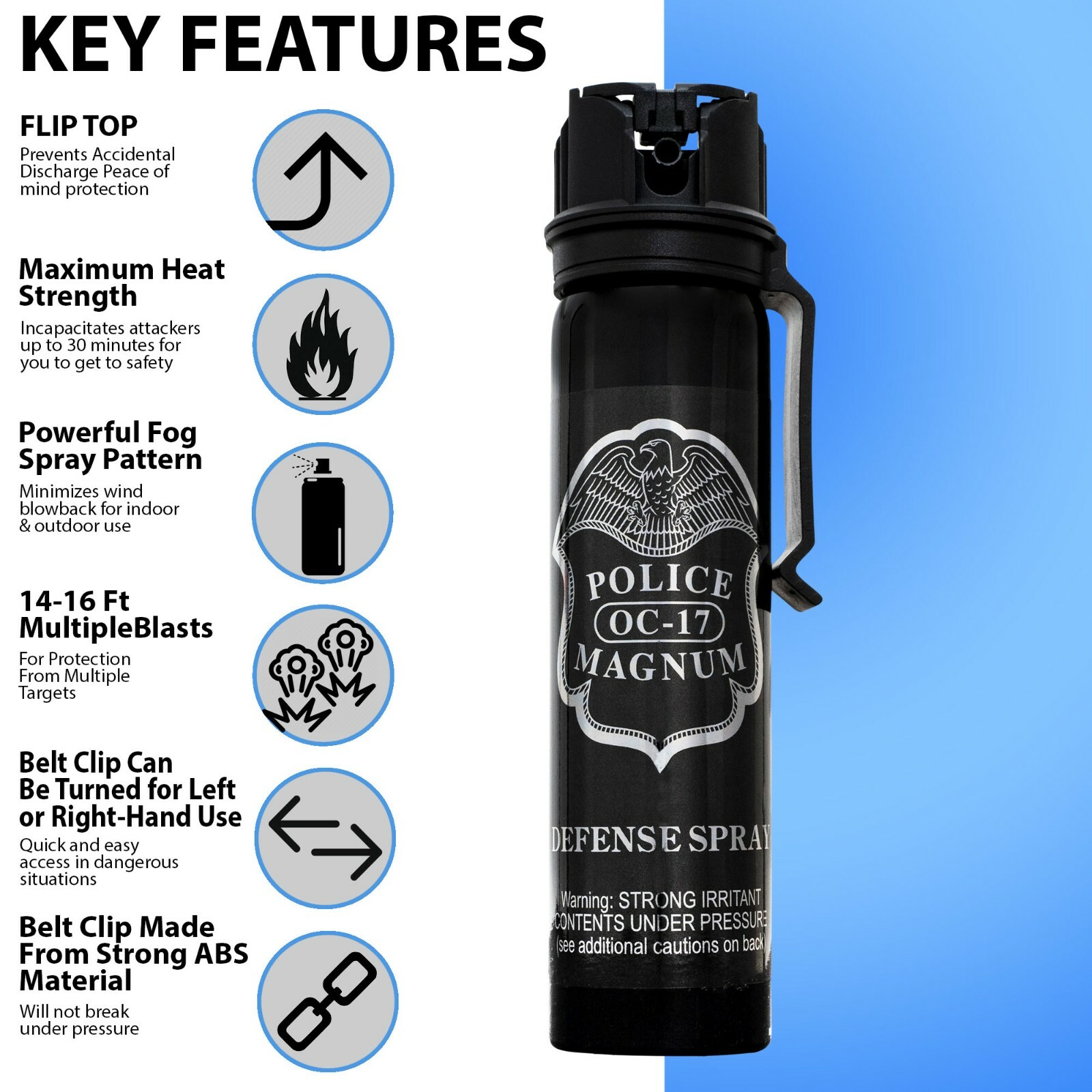 POLICE MAGNUM Pepper Spray 5 ounce Flip Top Belt Clip Fogger Defense Security