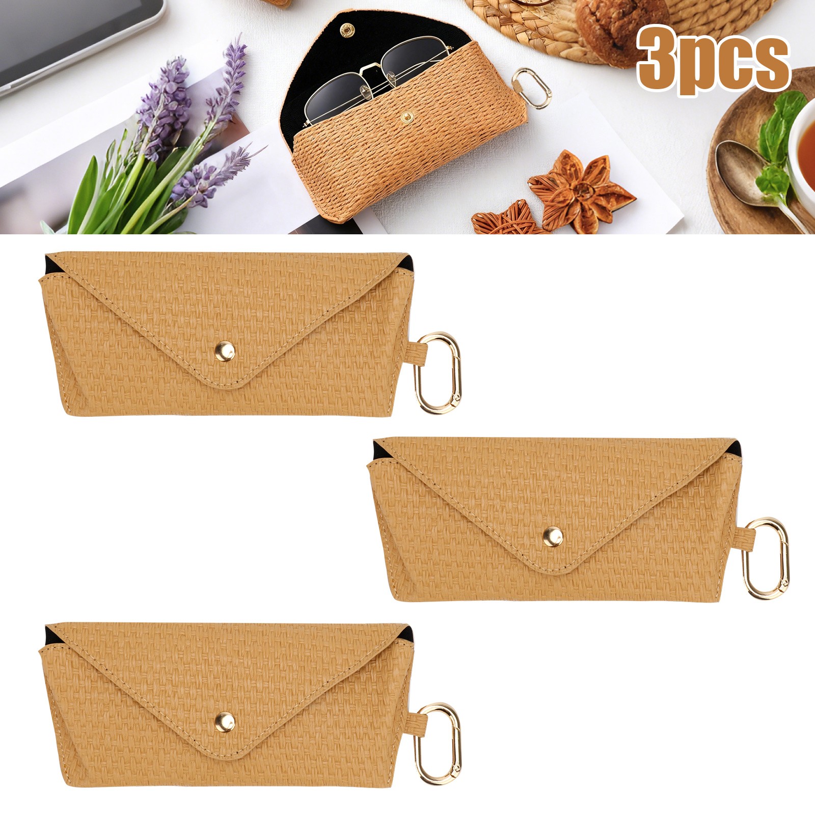 3PCS Rattan Protective Sunglasses Pouch Handwoven Straw Glasses Case with Hook