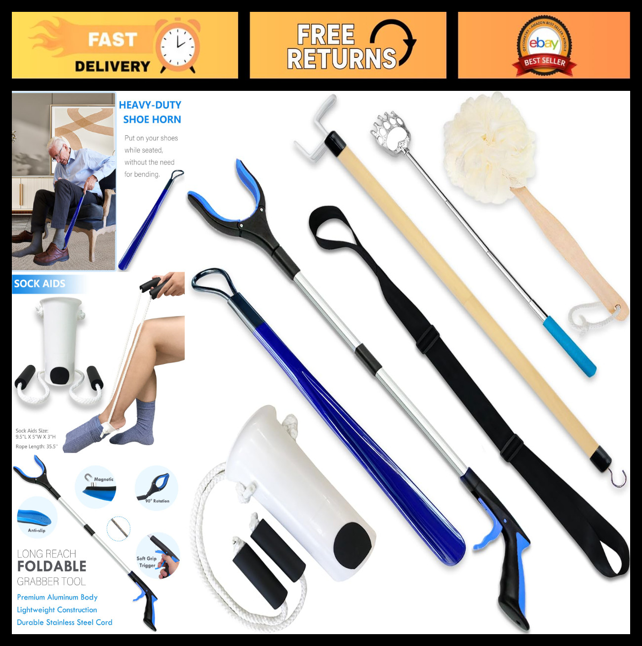 7PC Hip Replacement Kit for Seniors - Recovery Aid with Grabber, Sock Aid, Leg L