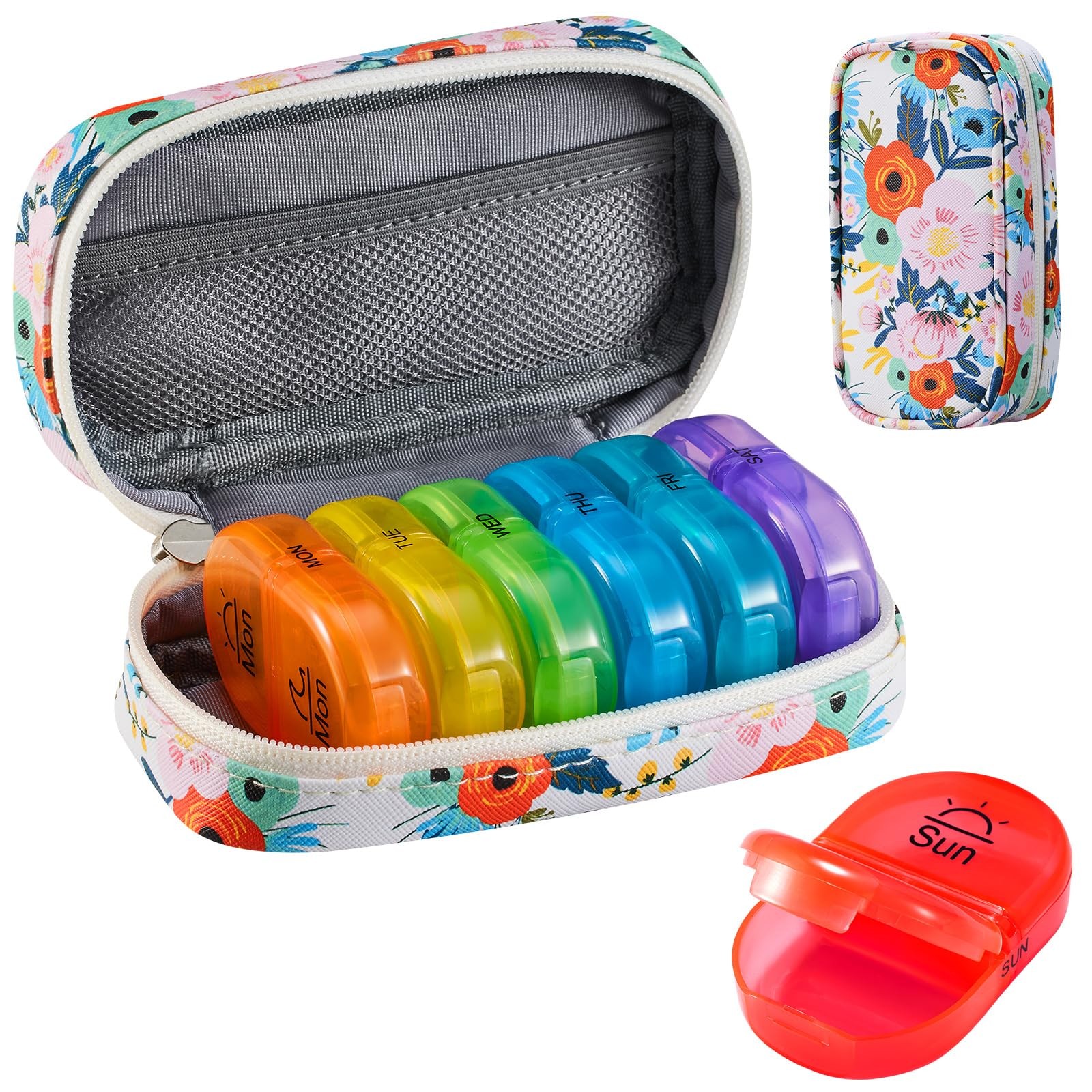 Weekly Travel Pill Organizer 7 Day AM PM 2 Times Rainbow Zipper PU Leather Case
