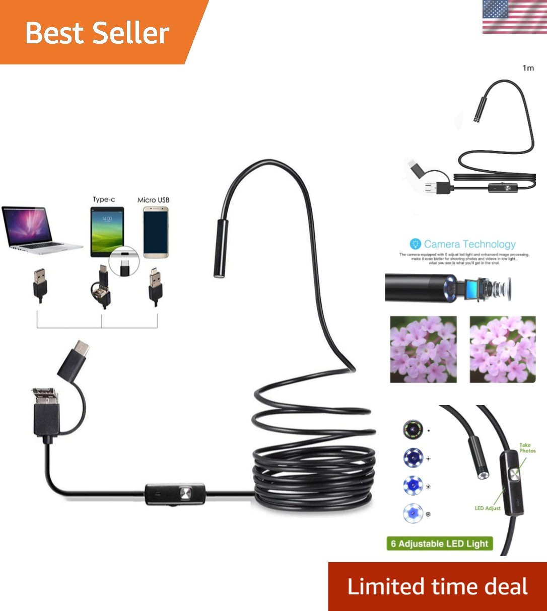 HD Endoscope Inspection Camera with Adjustable LED Lights - 3 in 1 USB Adapter