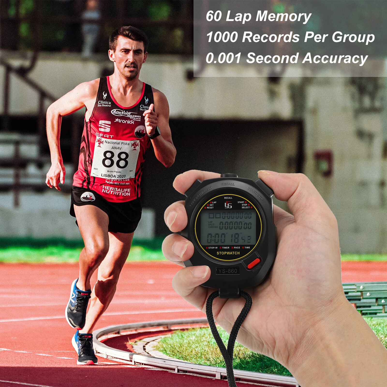 Professional Sport Stopwatch Timer 60 Lap Memory 0.01 Second Timing Black