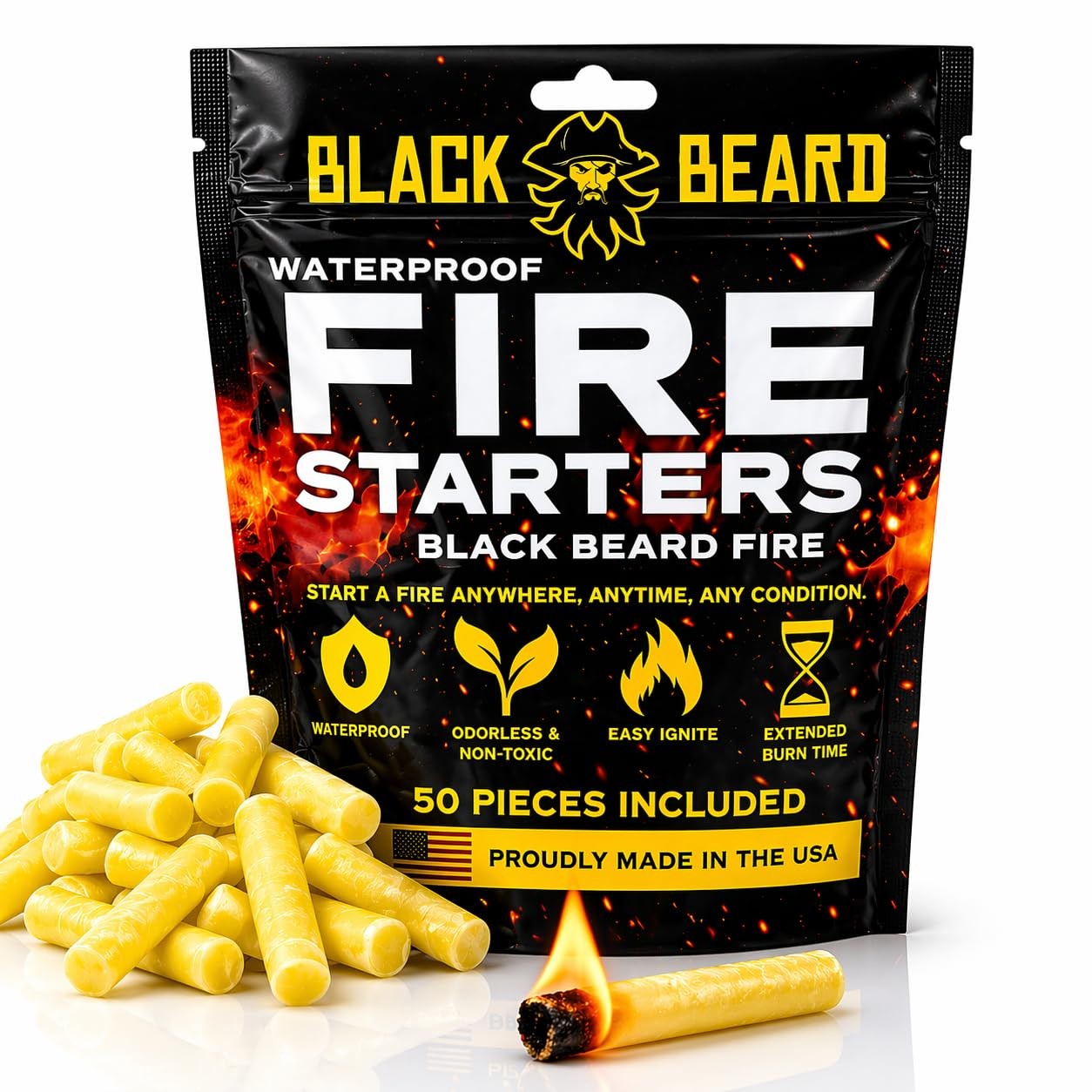 Black Beard Fire Plugs 50 Plugs | 100% Weatherproof Fire Starter for Campfire...