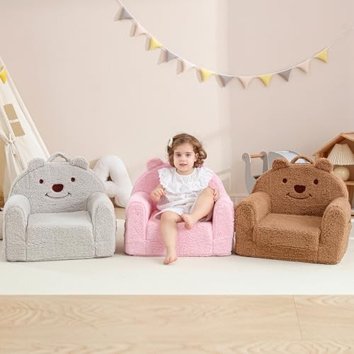 Toddler Chair,Sherpa Bear Toddler Couch Fold Out,Children Reading Brown