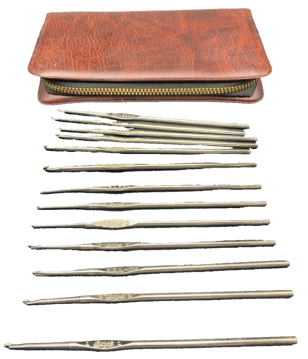 Vintage Boye Crochet Hook Set Metal Hooks w/ Case Mixed USA Markings