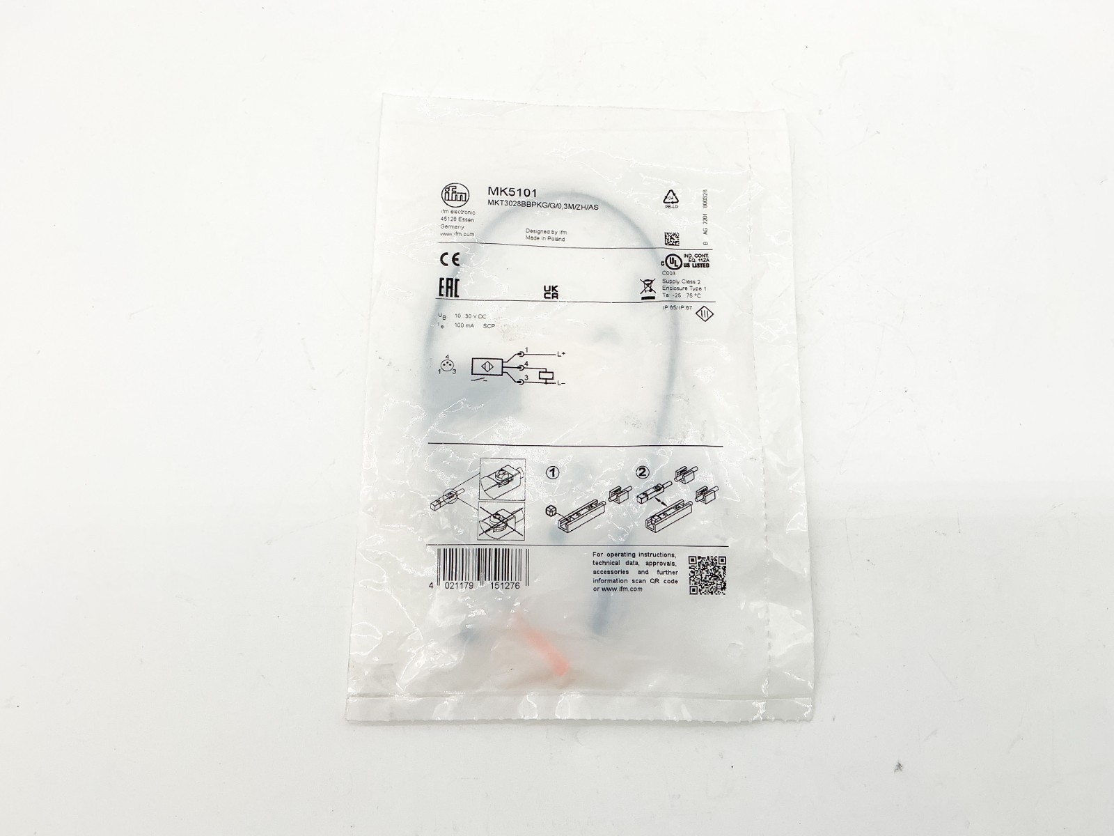 New IFM MK5101 T-Slot Cylinder Sensor 30VDC 100mA MKT3028BBPKG/G/0,3M/ZH/AS