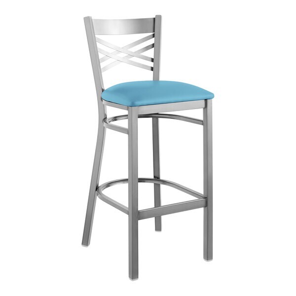 10 PACK Cross Back Clear Coat Metal Restaurant Barstool With Blue Vinyl Seat