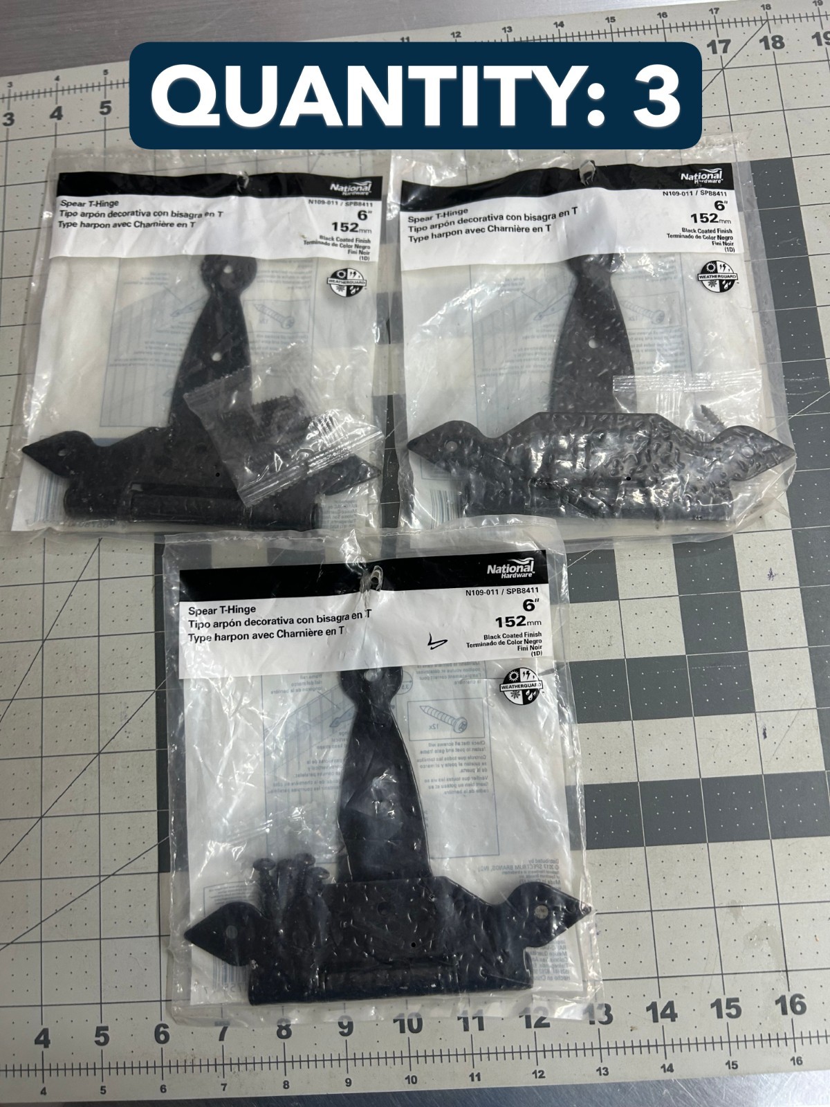 3-pack lot National Hardware N109-011 Black Steel 6-Hole Spear T Hinge 1/8" x 6"