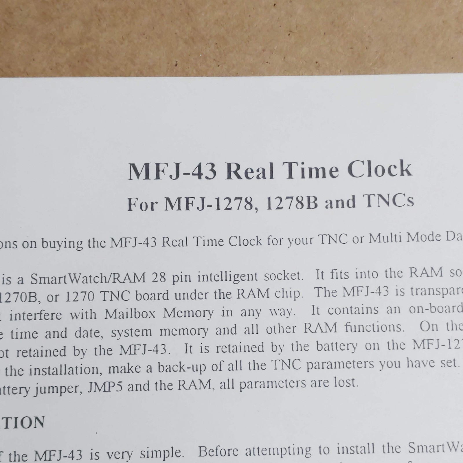 MFJ-43 Real Time Clock Instructions For MFJ-1278/1278B/TNCs
