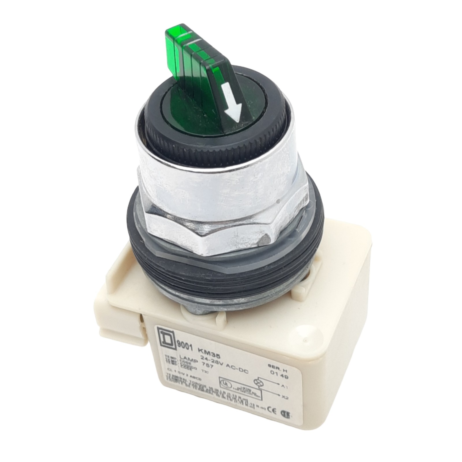 Square D 9001KM35 9001K11J35G Green Illuminated Selector Switch, 2-Position
