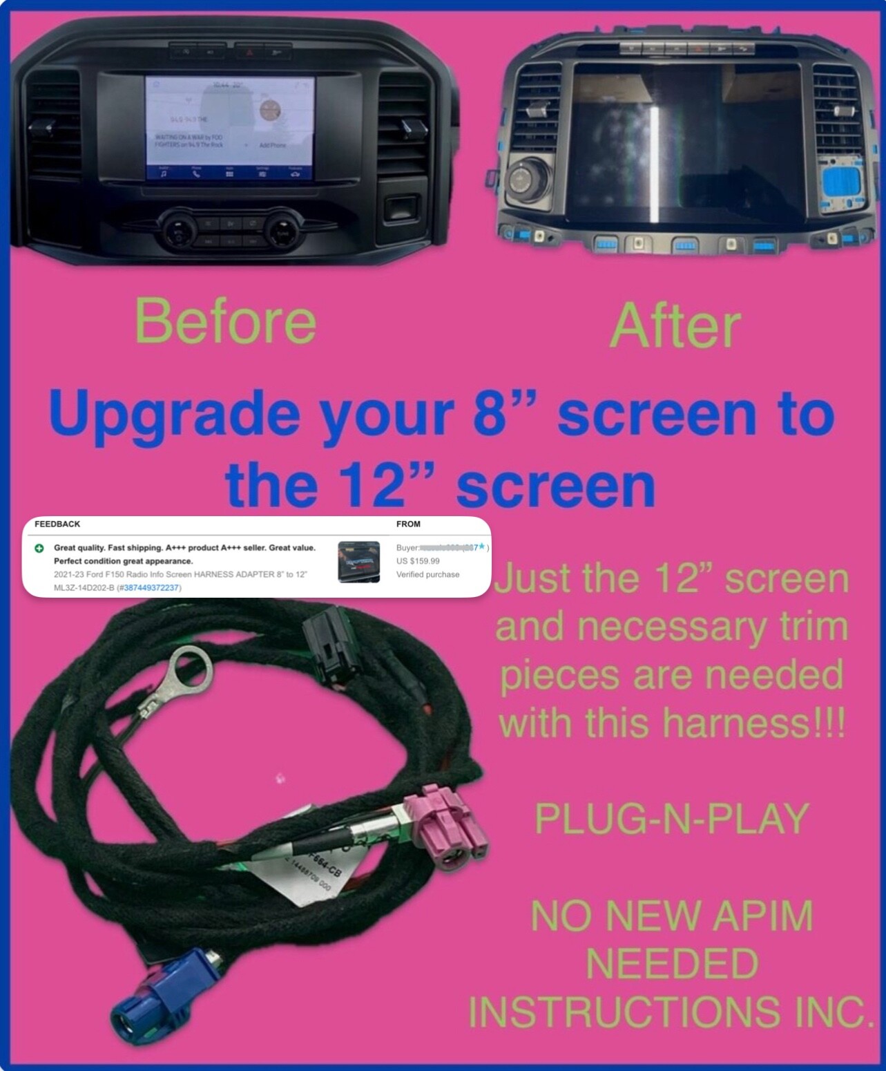 2021-23 Ford F150 Radio Info Screen HARNESS ADAPTER 8” to 12” ML3Z-14D202-B