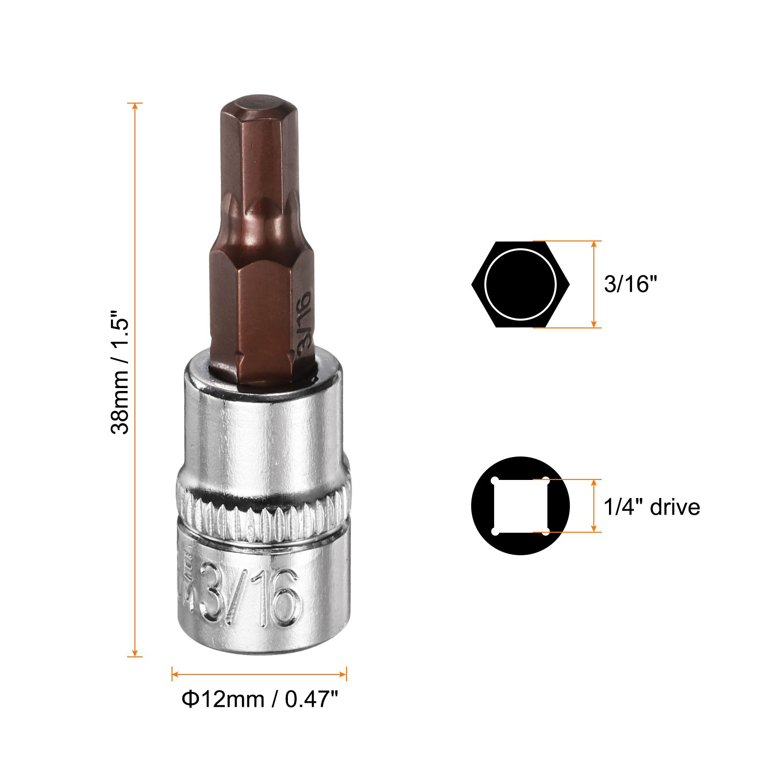 2pcs 3/16" Hex Bit Socket 1/4" Square Drive SAE Extension Impact Bit