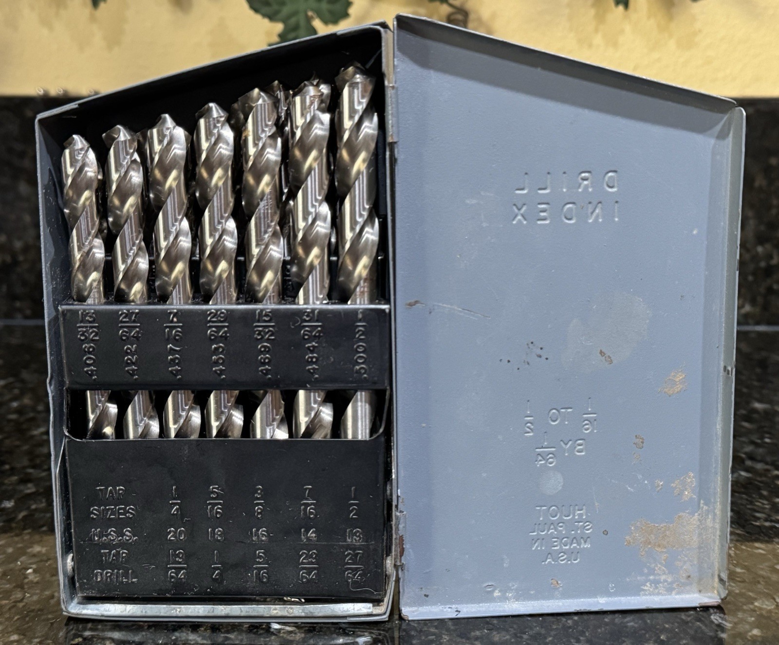 HUOT Drill Index Set 26 Steel Bits Metal Case St. Paul Made In USA