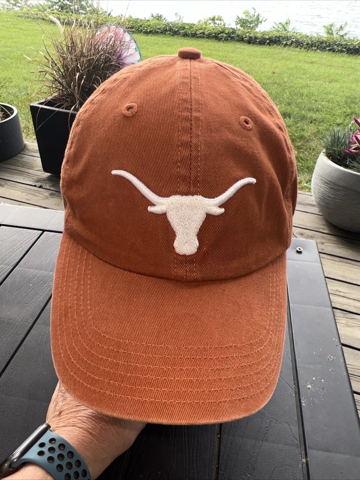 Texas Longhorn Head in White on Orange Hat Cap Cotton Strap Buckle. Small