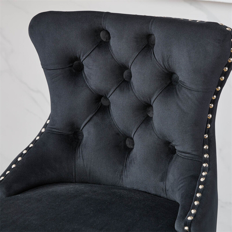 Set of 2 Swivel Velvet Barstools w/Button Tufted Decoration & Wooden Legs Black